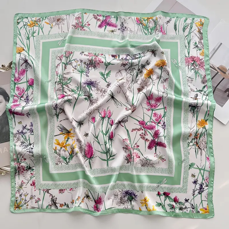 Foulard carré en soie à motifs floraux pour femme, Hijab, Bandeaux pour cheveux, Foulard de cou, Châle en satin, Bandeau ruban, Bandana de mode pour le cou