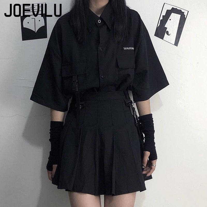Ensemble jupe gothique pour femmes, chemise ample, Mini jupes plissées, ensemble 2 pièces, tenues décontractées rétro coréennes, costume esthétique Y2k, printemps été