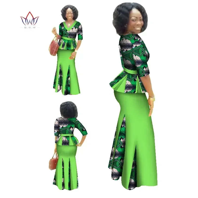 Ensemble de vêtements africains traditionnels pour femmes, robe maxi à demi-manches, jupe imprimée africaine Dashiki, écharpe gratuite, 6XL, WY1435, 2 pièces
