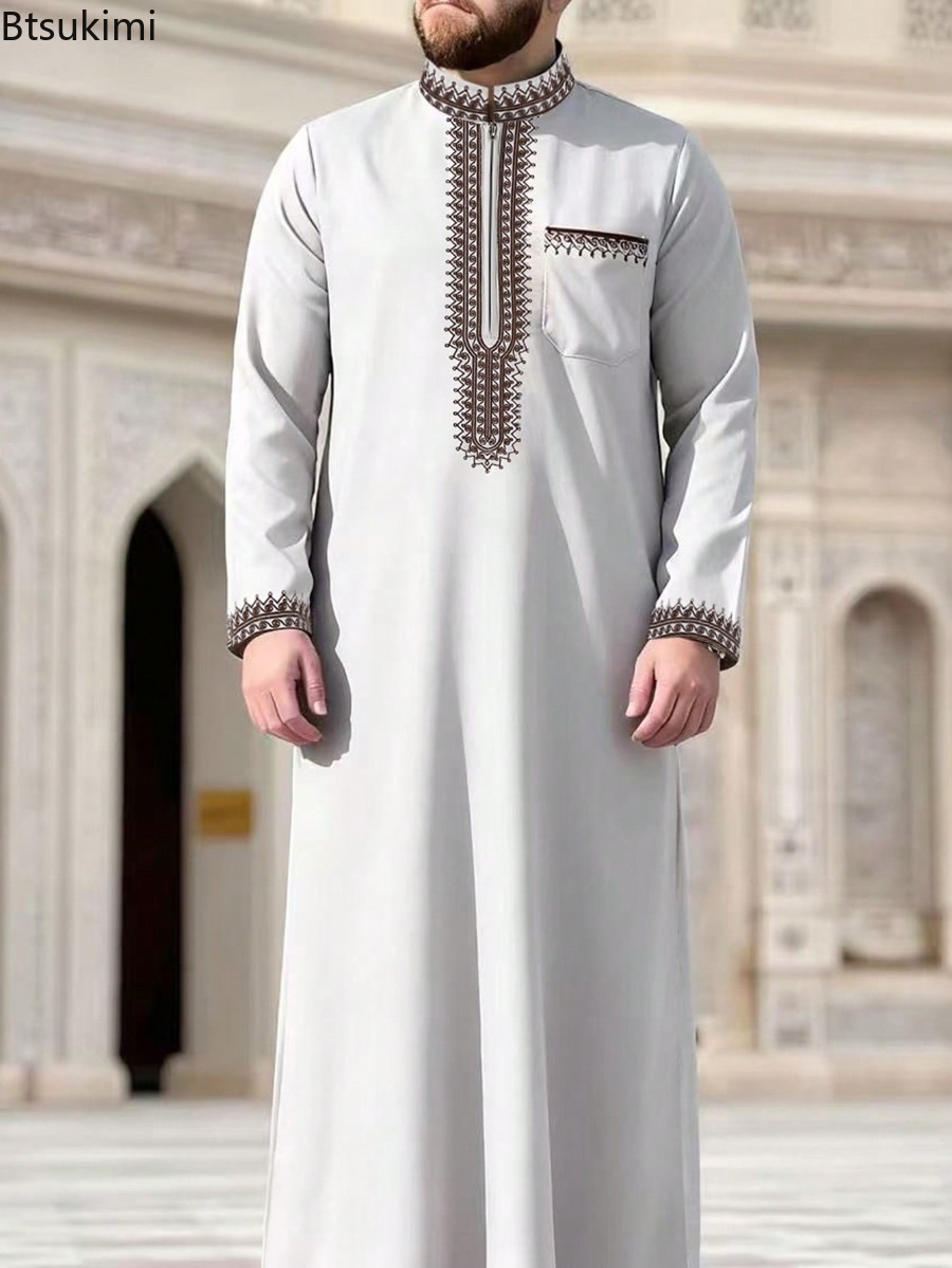 Robe traditionnelle pour hommes 2026, motif ethnique brodé, fermeture éclair, col montant, manches longues, Jubba Thobe, robe musulmane pour hommes, Thobe islamique