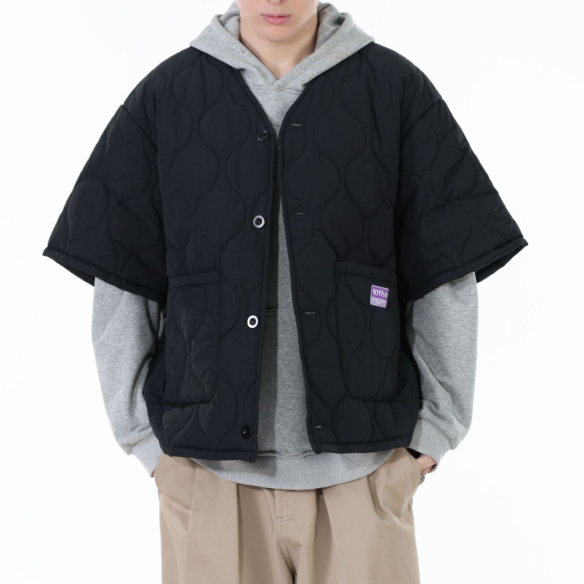 Veste rembourrée à manches mi-longues pour homme, Streetwear japonais, Harajuku, décontracté, épais, tendance, col en v, automne hiver