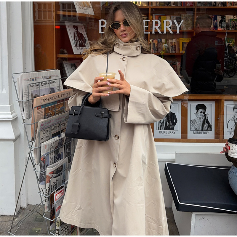 Manteau Trench pour Femme à Col Montant Amovible, Longueur Midi, Coupe Décontractée, Simple Boutonnage, Poches Latérales