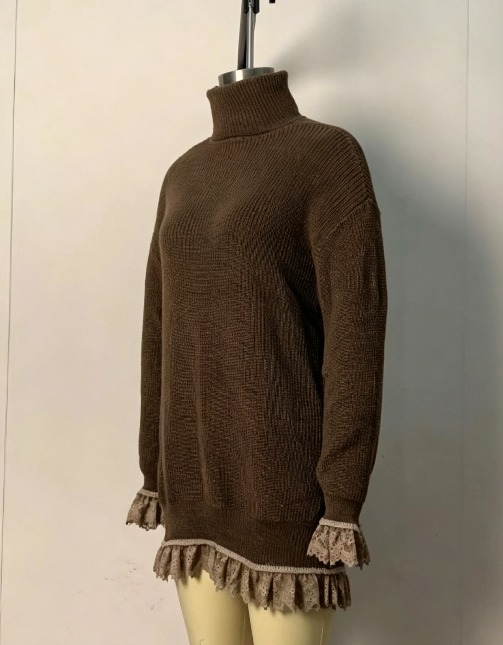 Robe pull col roulé pour femme, automne, à volants, manches longues, décontractée, élégante, mini, tricotée, coupe oversize, vêtements d'hiver