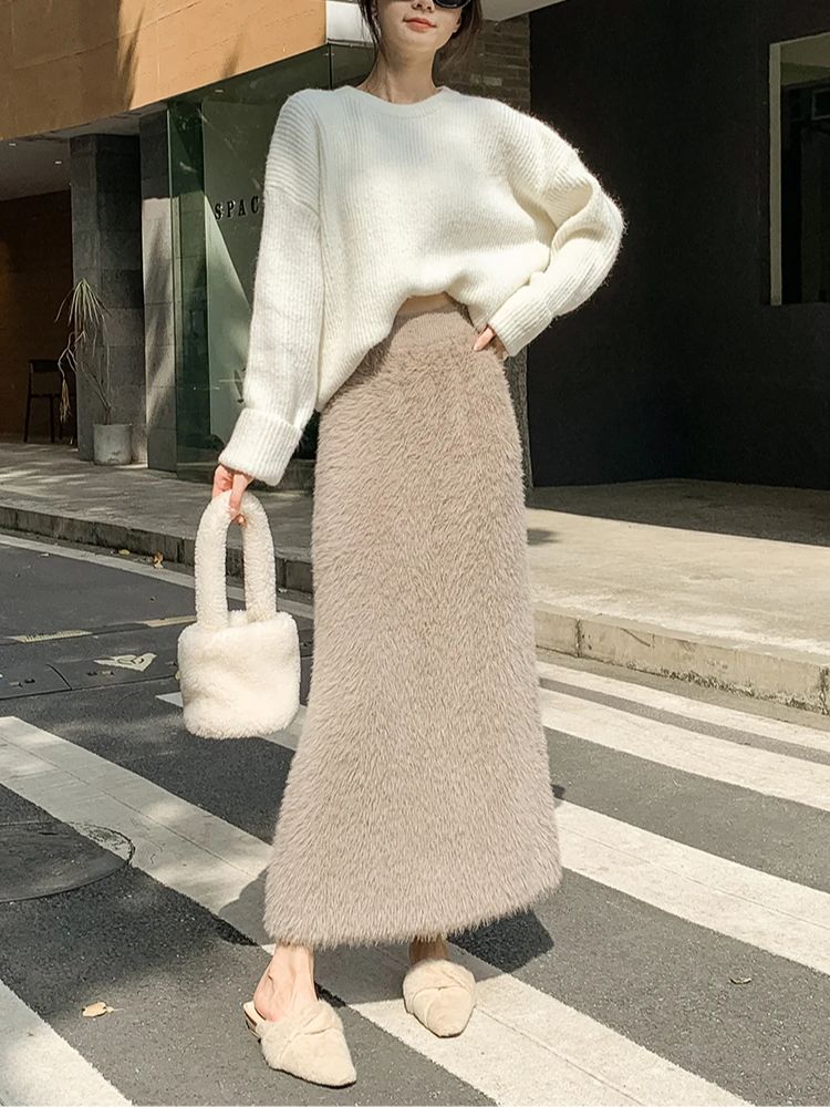 Jupe longue en tricot pour femmes, décontractée, épaisse, coréenne, taille haute, douce, trapèze, nouvelle collection automne hiver