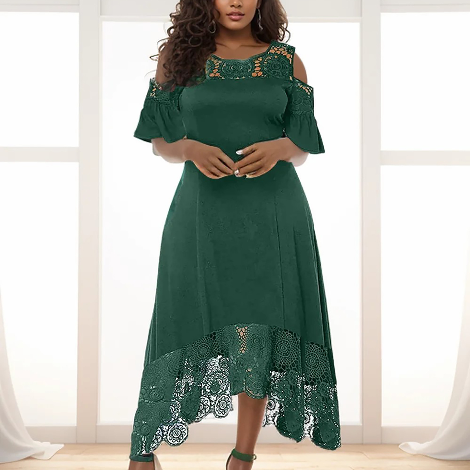 Robe de Soirée en Dentelle à Manches Courtes et Col Rond pour Femme, Tenue Élégante d'Invités de Mariage, Grande Taille, Été