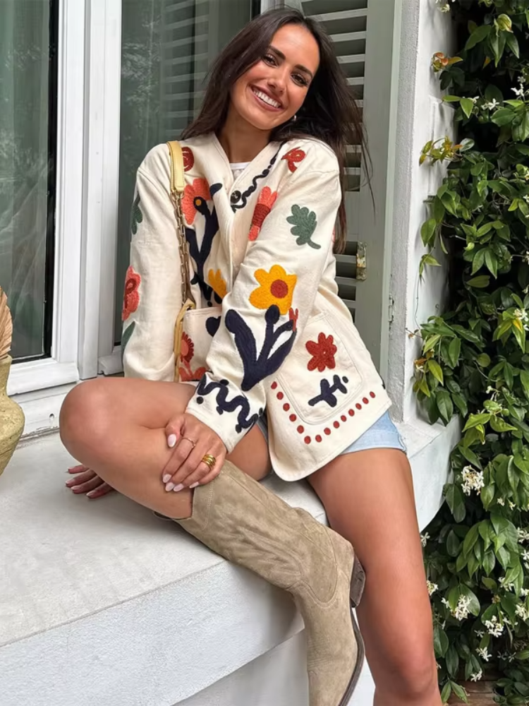 Cardigan Bohème à Fleurs pour Femme, Veste Colorée à Col Rond et Manches Longues avec Poches Plaquées Brodé, Manteau Ample pour le Quotidien et les Trajets