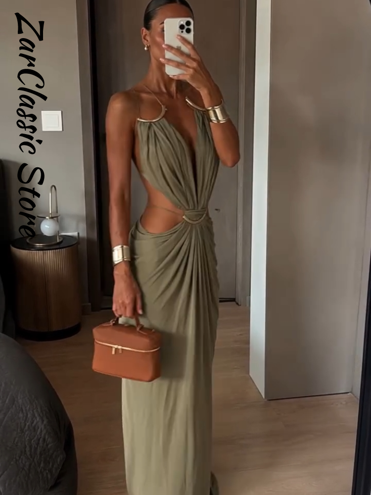 Robe de soirée décontractée longue pour femme, sans manches, col en V, dos nu, à bretelles, vert été, nouvelle mode, pour la plage et les vacances 2026