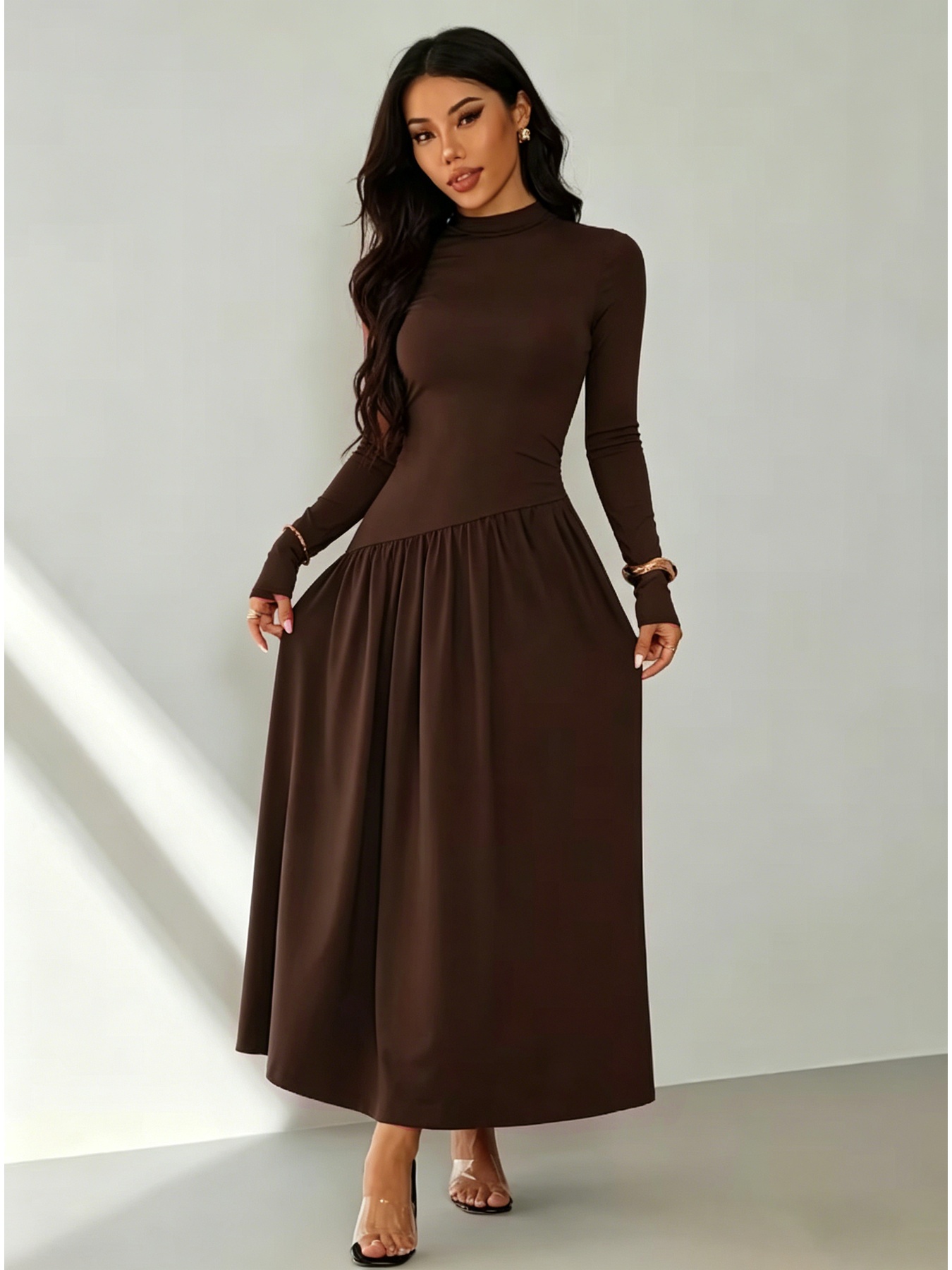 Robe patchwork pour femmes, décontractée, confortable, col rond, col montant, couleur unie, manches longues, jupe longue