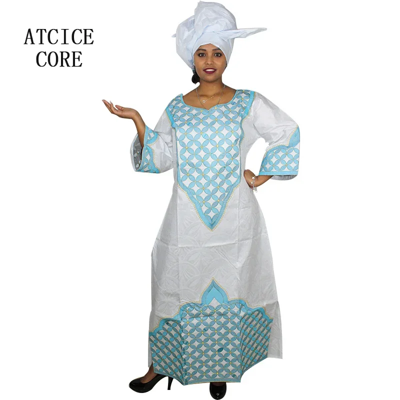Robe africaine longue avec écharpe pour femme, motif de broderie, Bazin Riche