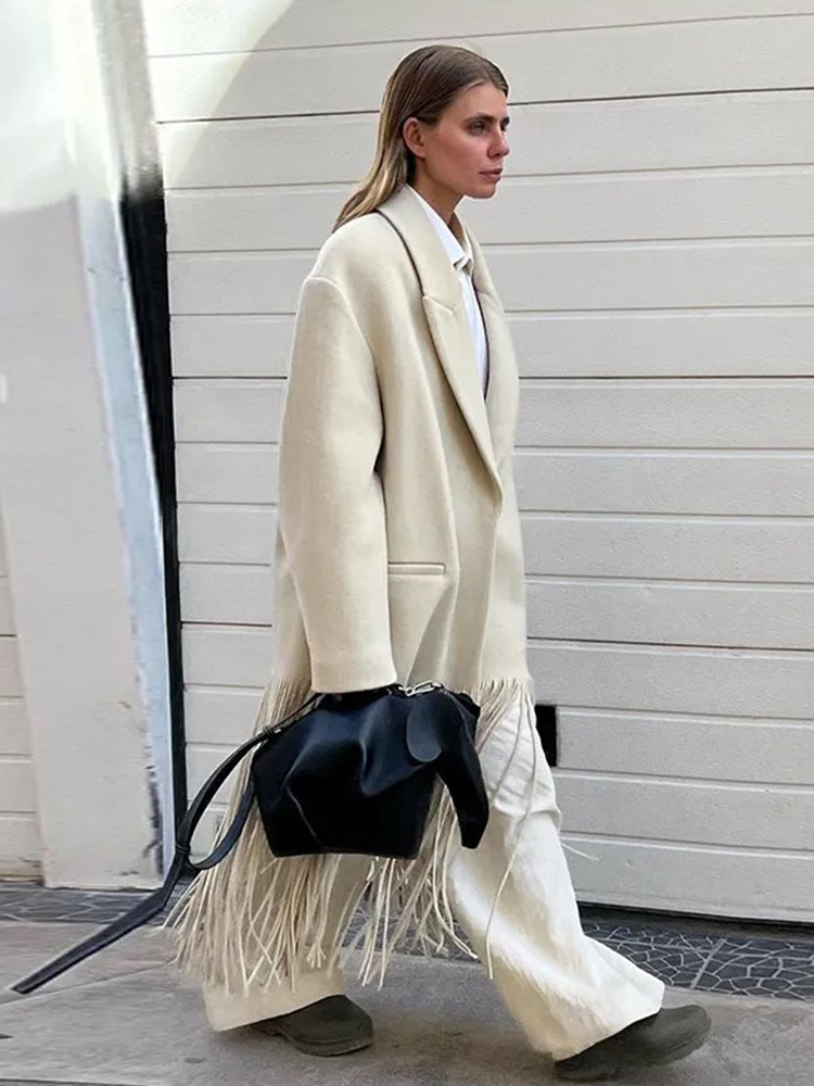 Manteau en laine à franges élégant pour femme, col rabattu, manches longues, poches, veste d'automne, mode Streetwear, Trench-coat, 2023
