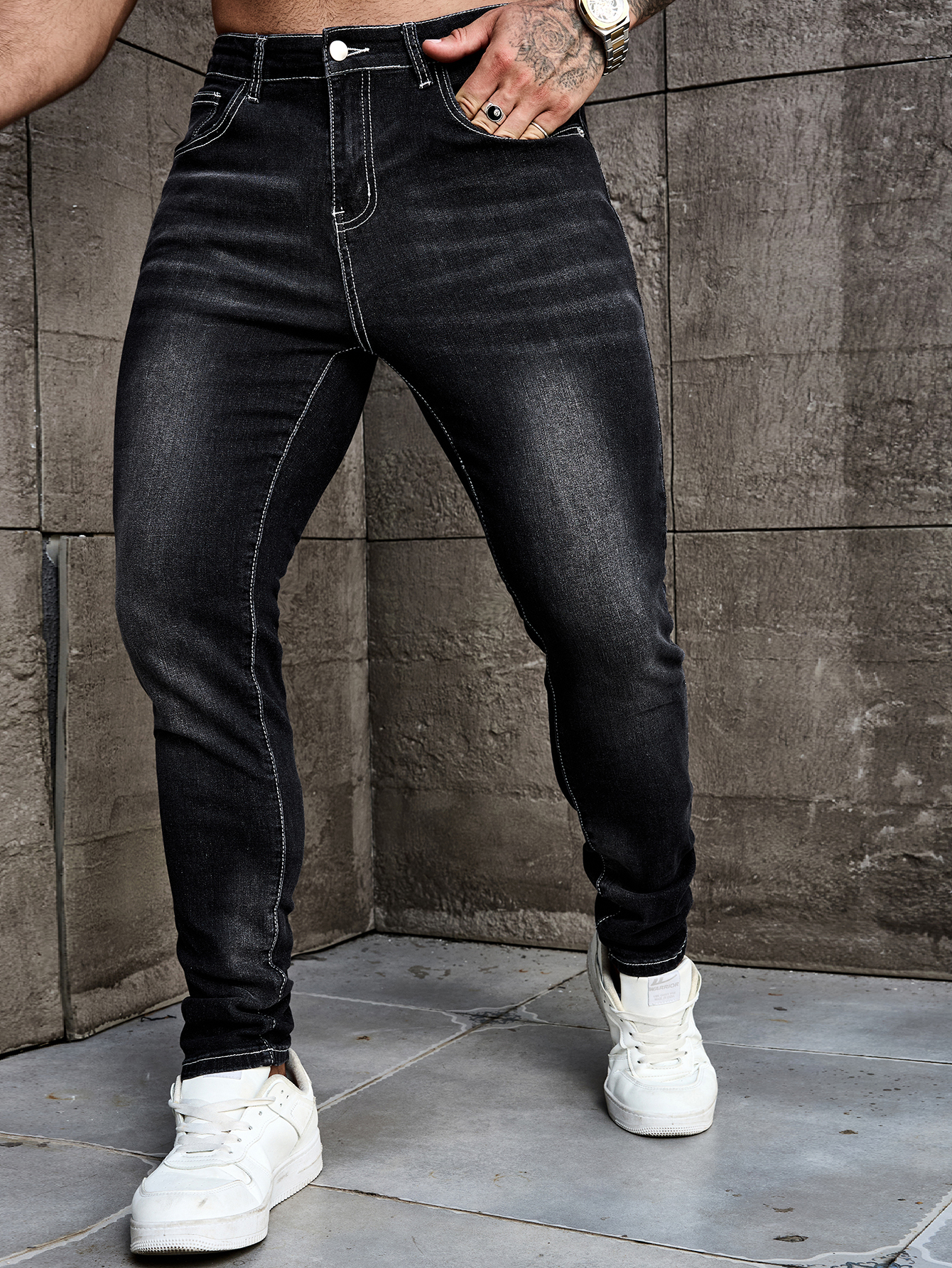 Pantalon en jean pour homme, coupe slim, extensible, délavé noir, style décontracté