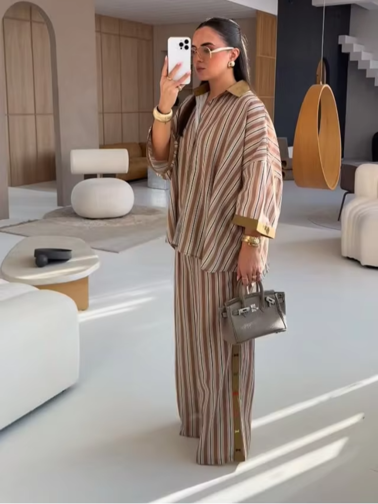 Ensemble chemise et pantalon à rayures, col rabattu, manches trois quarts, chemisier et pantalon large, tenue décontractée chic pour femme 2026