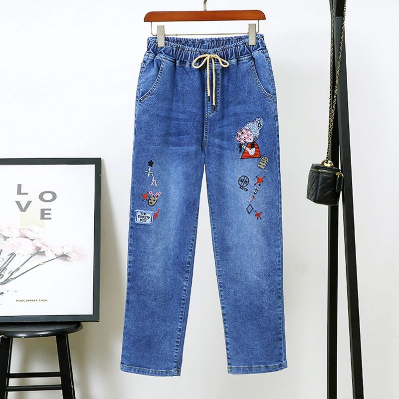 Jean femme d'âge moyen printemps automne taille extensible pantalon en Denim droit grande taille ample taille haute décontractée noir bleu pantalon