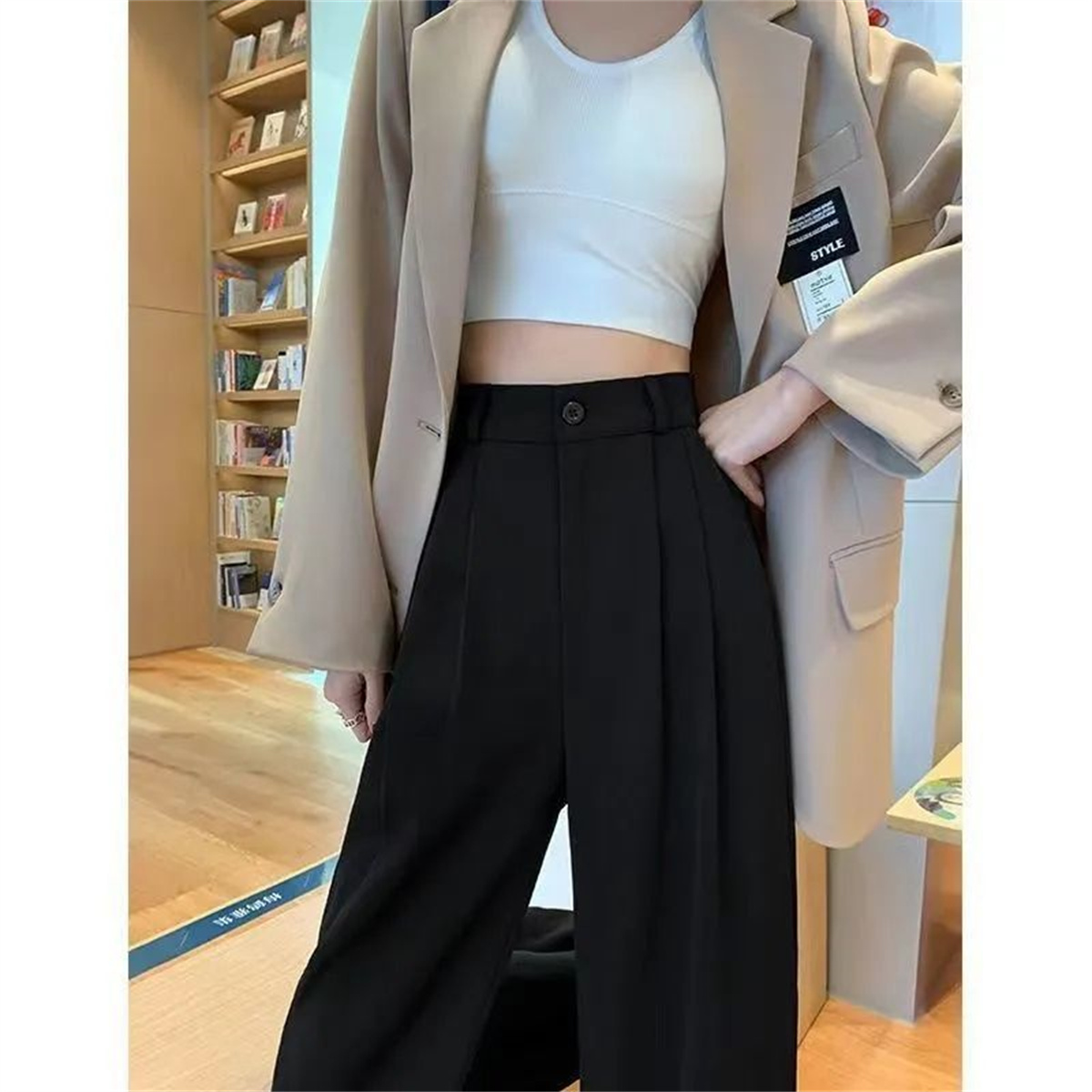 Mode taille haute pantalon à jambes larges femmes printemps automne Baggy pantalon noir bureau dames pleine longueur costume droit pantalon vêtements d'extérieur nouveau