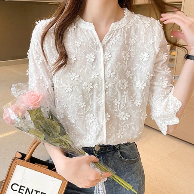 Chemisier en dentelle à manches courtes en coton pour femmes, hauts d'été, broderie florale, chemise blanche, chemisiers décontractés à la mode, 9638