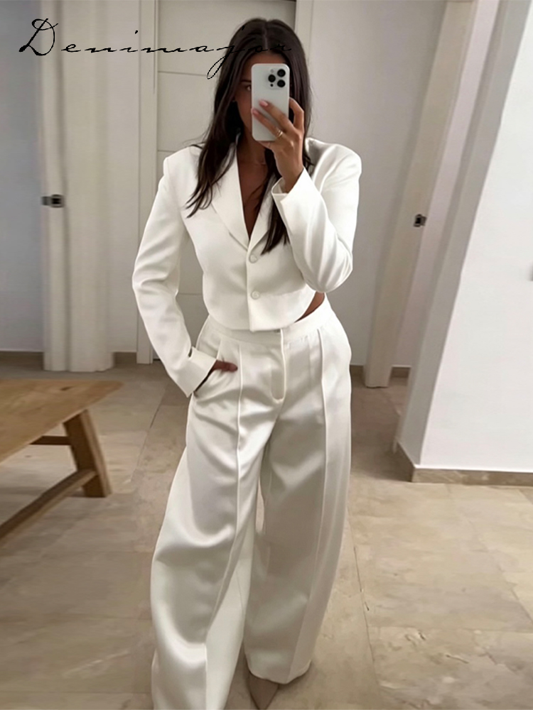Ensemble pantalon et blazer en satin uni pour femme, veste courte à revers et dos nu, pantalon large taille mi-haute coupe ballon, nouvelle collection 2026, tenue décontractée pour femme