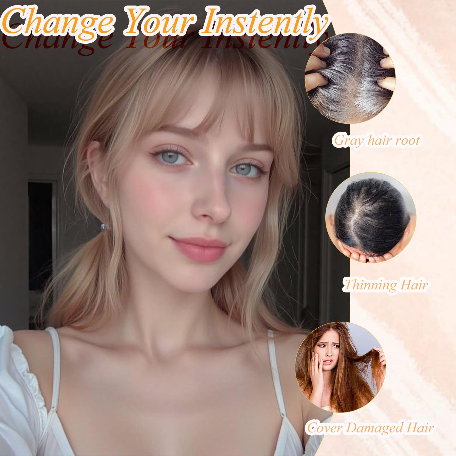 Topper pour cheveux pour femme avec frange : 3D 360 °   Morceau de cheveux synthétiques longs et lisses à couverture moelleuse pour cheveux amincissants, doré avec foncé