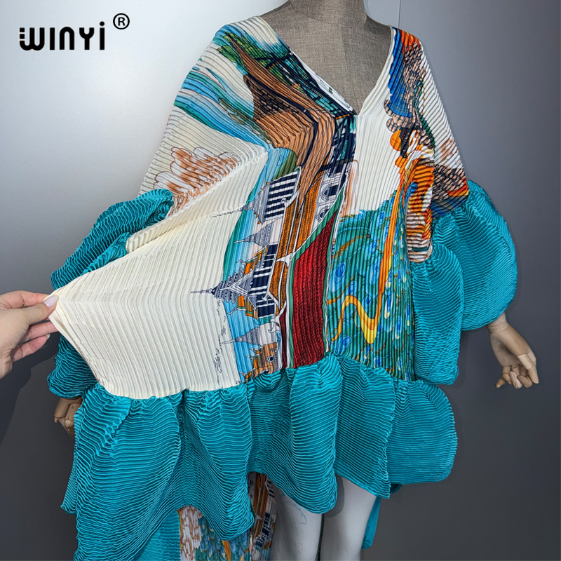 Robe Kaftan Maxi Bohème WINYI du Moyen-Orient, élégante, plissée, élastique, pour la plage, tenue de soirée de luxe, style Dubaï, Abaya