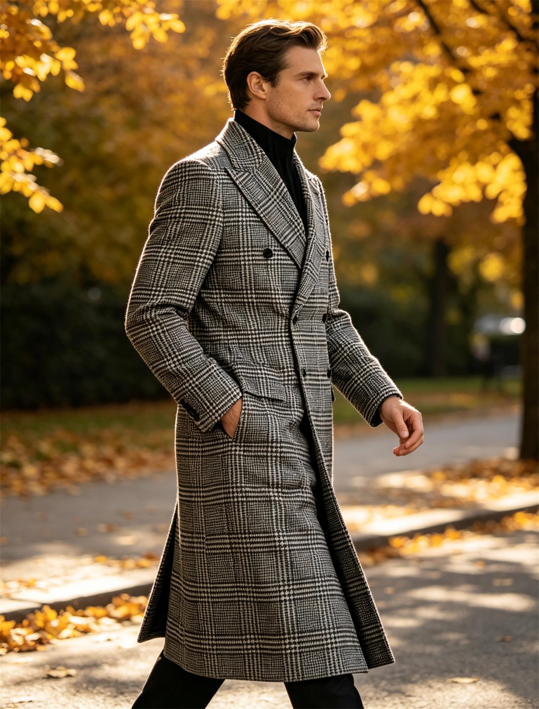 Manteau trench décontracté pour homme, coupe classique ajustée, col à revers, motif pied-de-poule, long manteau croisé avec poches