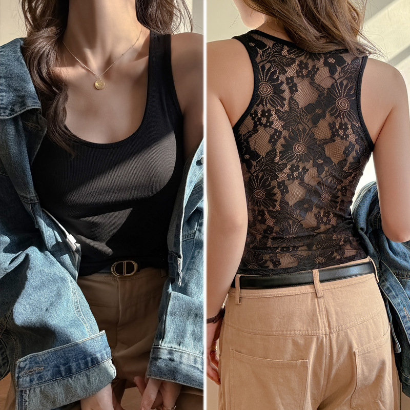 Débardeur Femme Coréen Uni en Dentelle, Tendance Été, Sans Manches, Col U, pour Vacances, en Coton Respirant