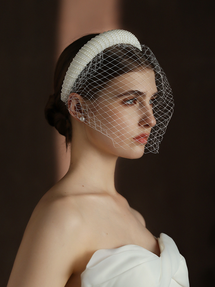 Bandeau rembourré avec voile pour femmes, bandeau de perles de mariée, large bandeau pour cheveux, couvre-chef pour fête de mariage, Showgirl