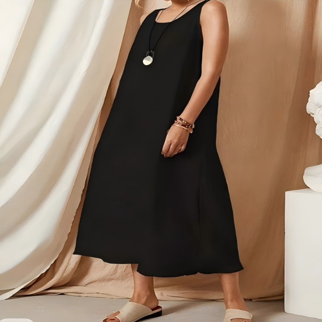 Robe midi ample sans manches noire pour femmes grandes tailles - Style décontracté minimaliste confortable (0XL-4XL)