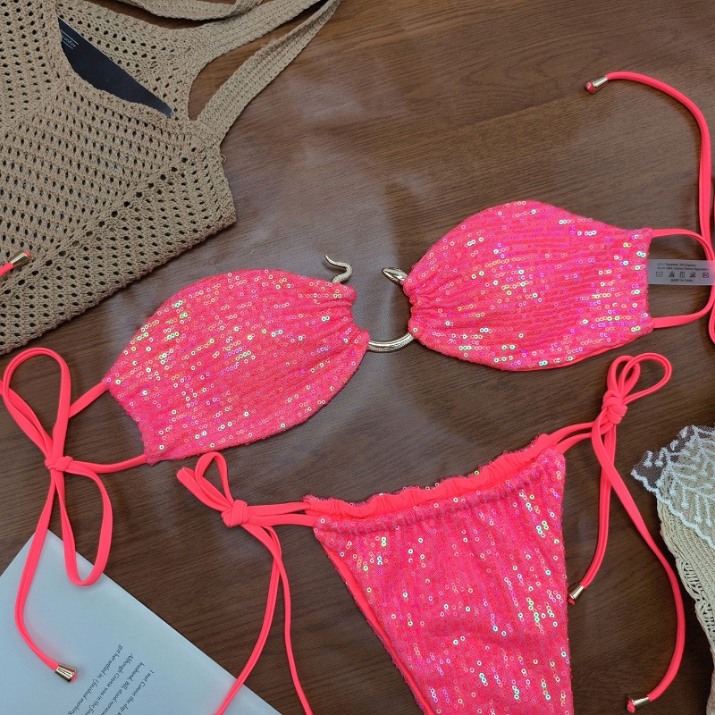 Ensemble de bikinis deux pièces brillants pour femmes, maillot de bain de fête sexy avec haut dos nu et bas triangle