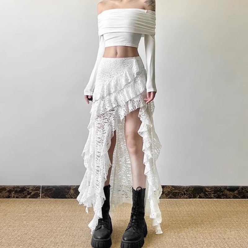 Jupe gothique années 2000, vêtements d'été pour femmes, Gyaru Kpop Streetwear, dentelle, taille haute, décontractée, esthétique, longue jupe, jupe femme, hip hop