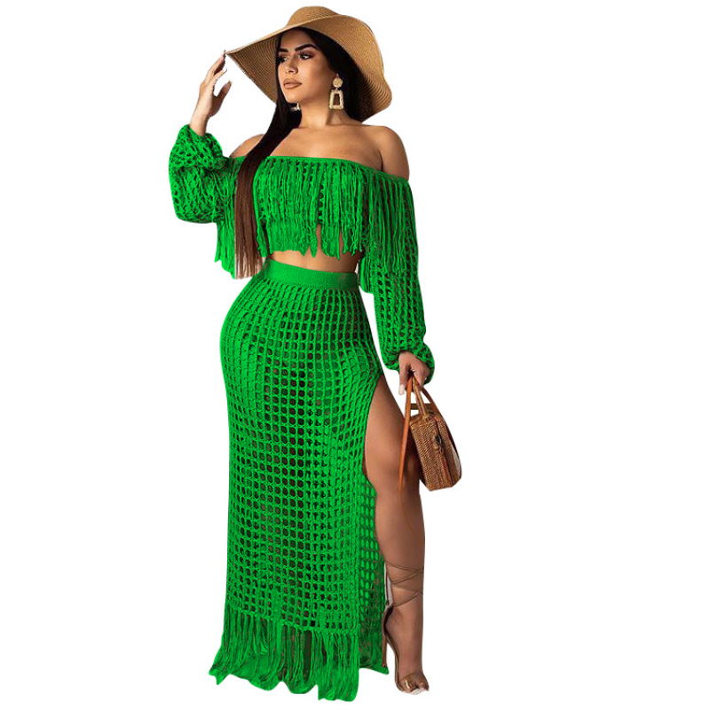 Ensemble deux pièces en tricot pour femmes, jupe longue fendue, taille haute, col en Y, mince, amissié, élégant, dame, plage