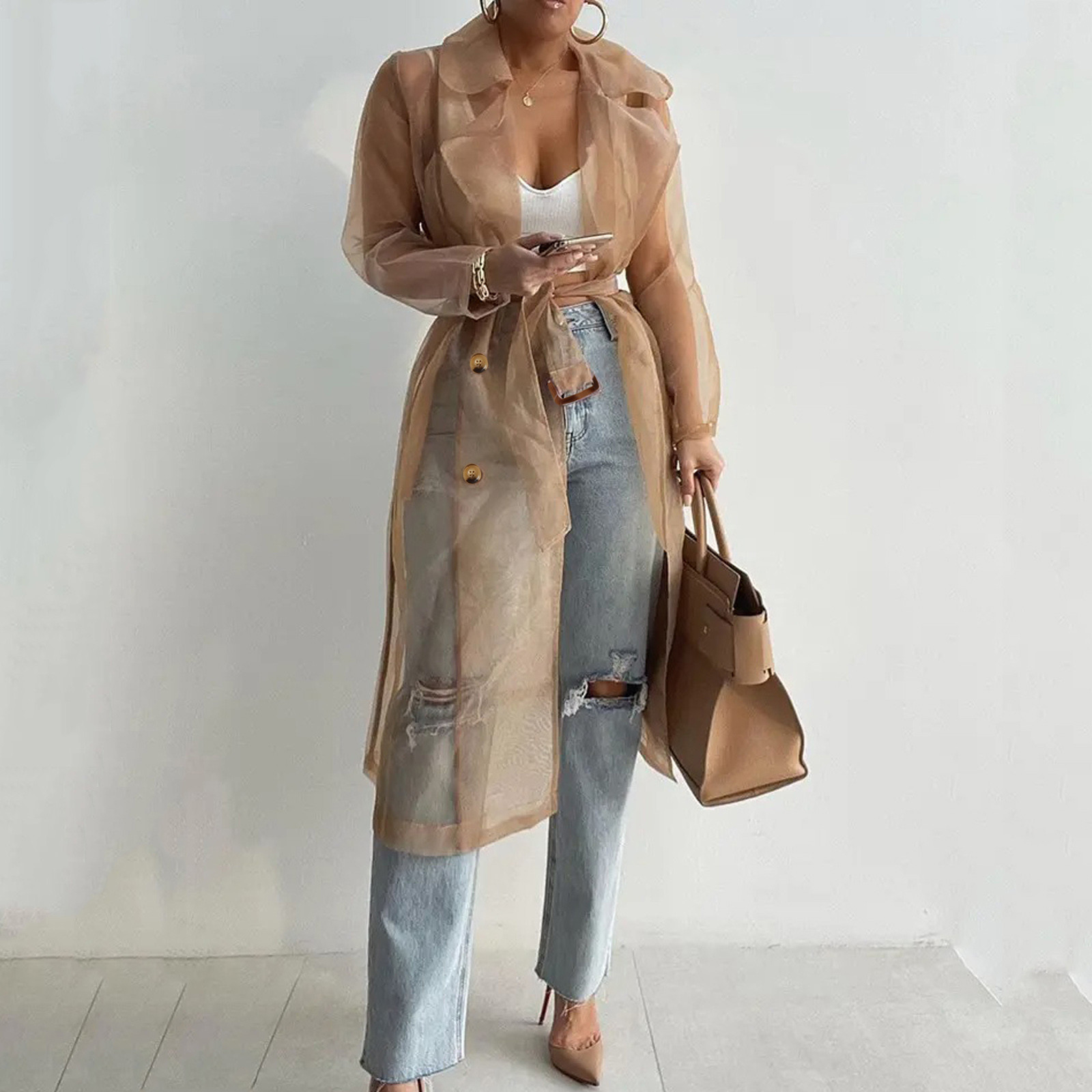 Vestes pour femmes, pardessus Transparent en maille, manteau boutonné à manches longues avec ceinture, col rabattu, vestes longues légères