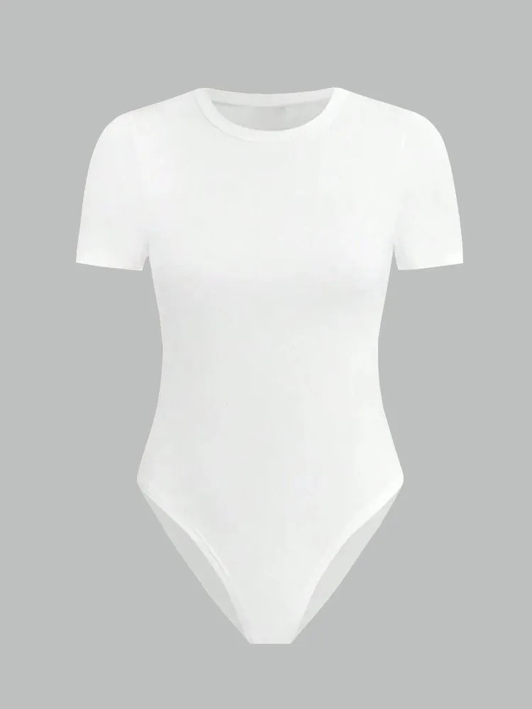 Body basique à manches courtes pour femmes, couleur unie, col rond, moulant, barboteuse, chemisier, Streetwear, été