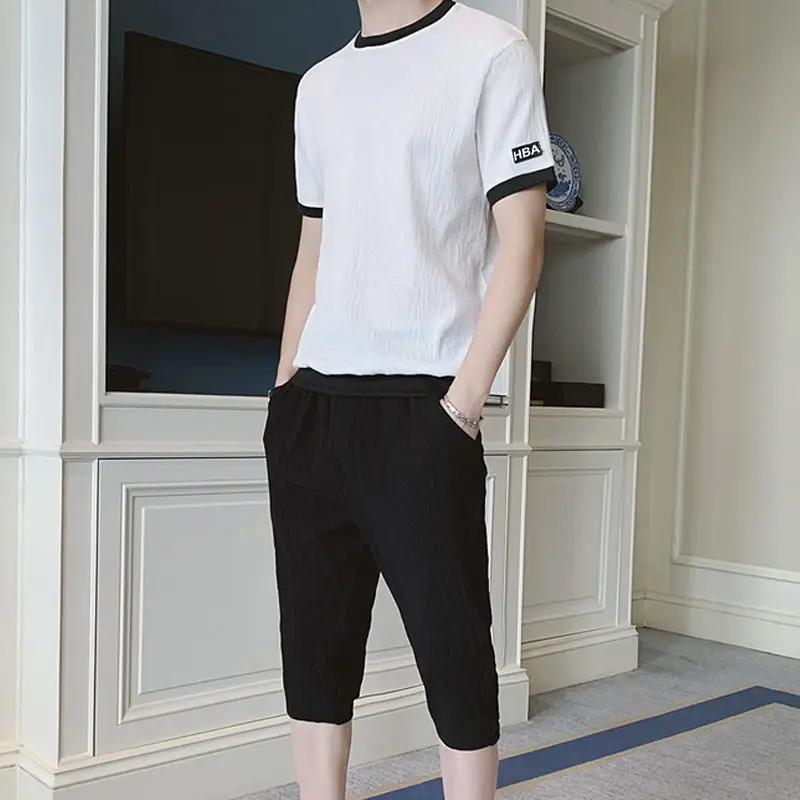 Nouveaux ensembles d'été pour hommes, vêtements de sport décontractés en soie glacée légère, respirants, t-shirt à manches courtes, shorts, ensemble de sport tendance, M-4XL