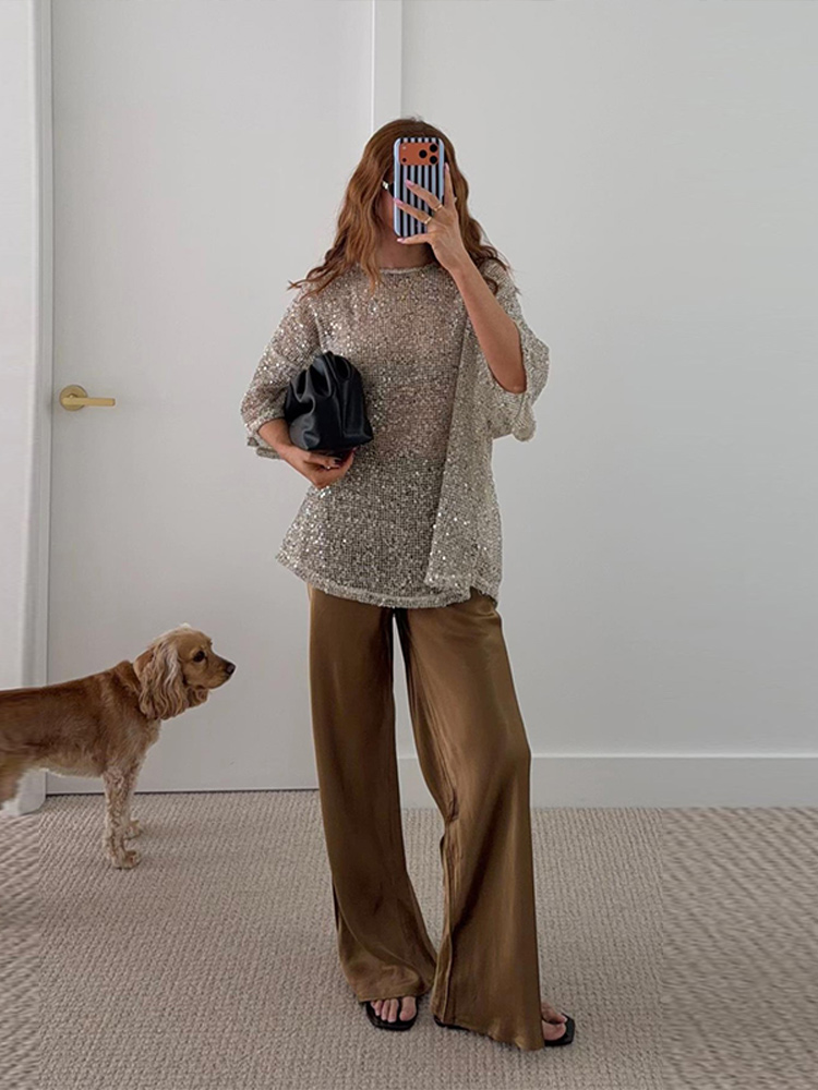 Sexy transparent perles haut femmes col rond manches longues évider hauts femme 2025 printemps été mode décontracté dame pull