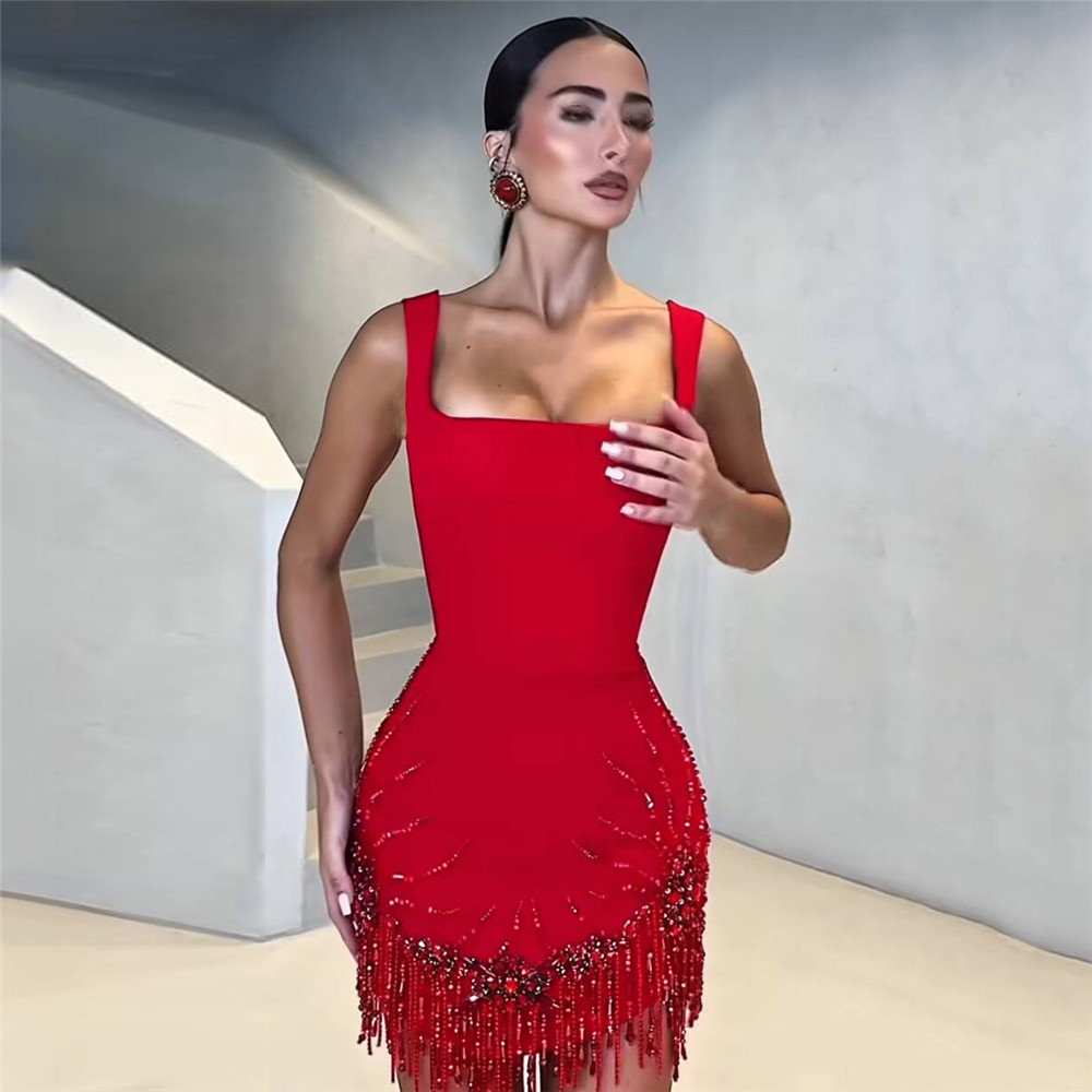 Femmes Sexy sans manches robe de pansement mode perles gland vêtements Club fête robes moulantes