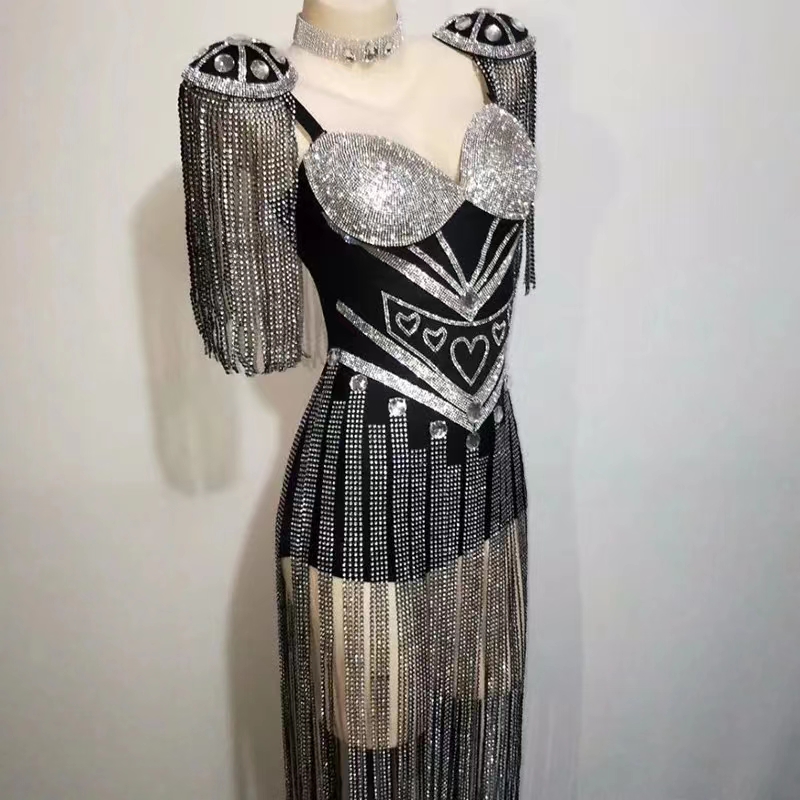 Tenue rave pour femmes, tenue de célébration, Showgirl, pompon en cristal, vêtements de scène, robe de danse de chanteur, tenue de spectacle d'événement