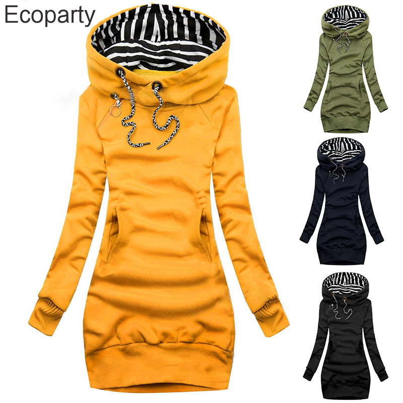 Robe sweat à capuche monochromatique à manches longues, robe sweat-shirt, pull à capuche mince, cordon de serrage de proximité, décontracté