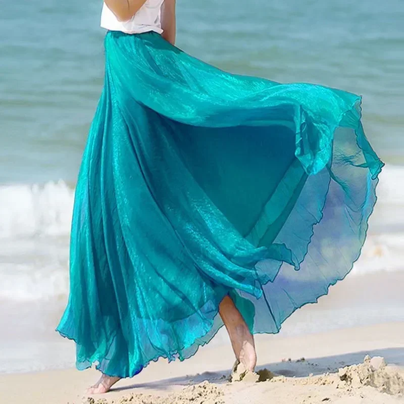 Longue jupe portefeuille en mousseline de soie plissée pour femmes, tenue de plage, taille haute, plissée, pour soirée dansante, C478, été