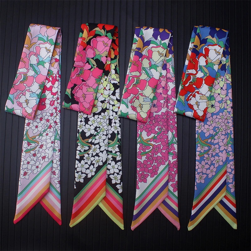 Foulard en soie sergé pour femmes, nouvelle mode, imprimé floral, cravate, foulard de tête, marque, poignée de sac, rubans, petites et longues, 2026