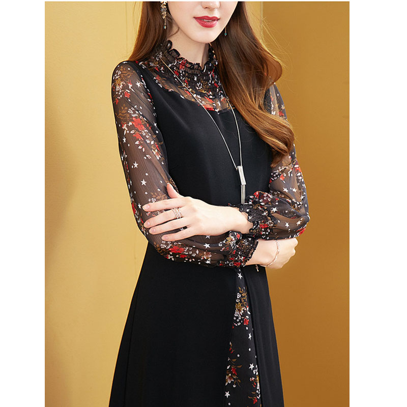 Robe florale en mousseline de soie pour femme, grande taille, épissage, indépendant, tempérament, respirant, irrégulier, faux deux pièces, printemps, nouveau, 2024