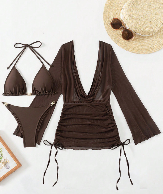 Ensemble de maillot de bain 3 pièces 2026 pour femme, maillot de bain string sexy, ensemble bikini assorti, robe de plage à manches longues, tenue de plage
