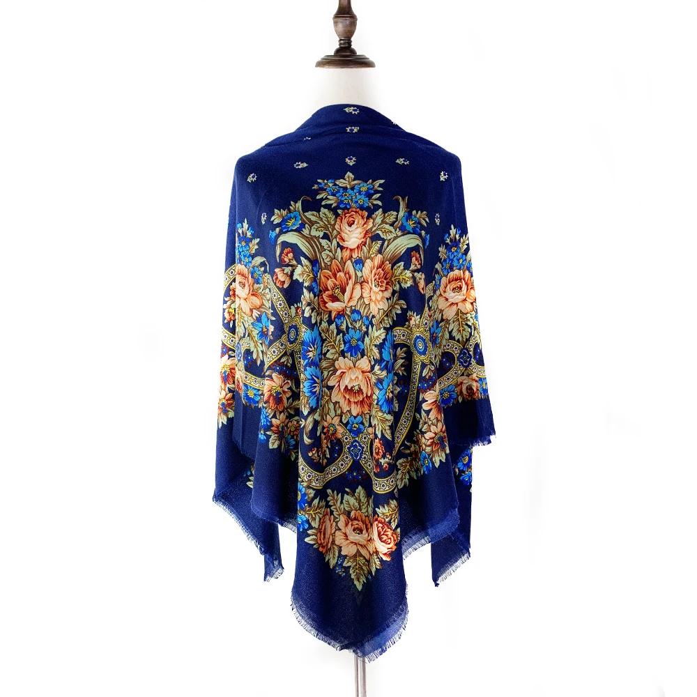 Foulard carré russe respirant et fin 130*130cm pour femme, imprimé floral de luxe, ethnique rétro, bandana, châle, étole de plage