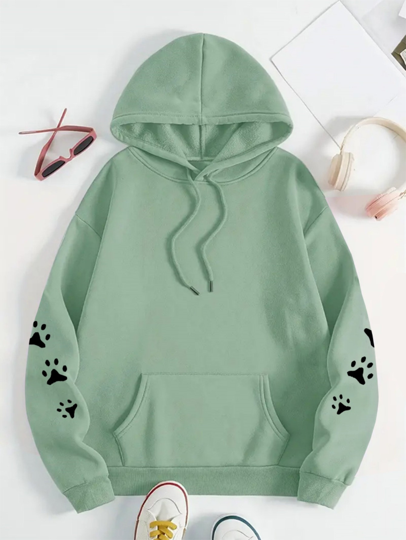 Sweat-shirt à capuche unisexe pour femme, motif empreintes de pattes de chiot, manches longues, coupe oversize, en polaire douce, style streetwear décontracté