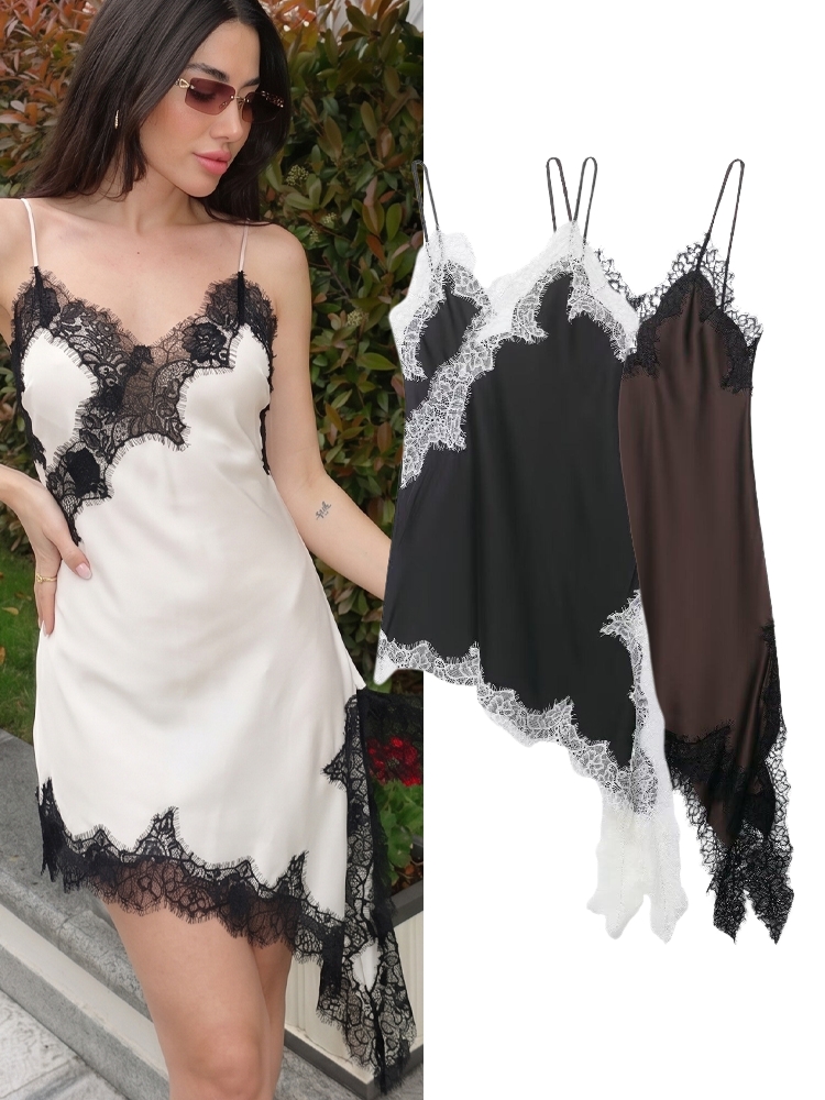 Robe élégante asymétrique pour femme HH, sans manches, dos nu, col en V, robe de mode féminine, robe de plage mini sexy avec empiècements en dentelle