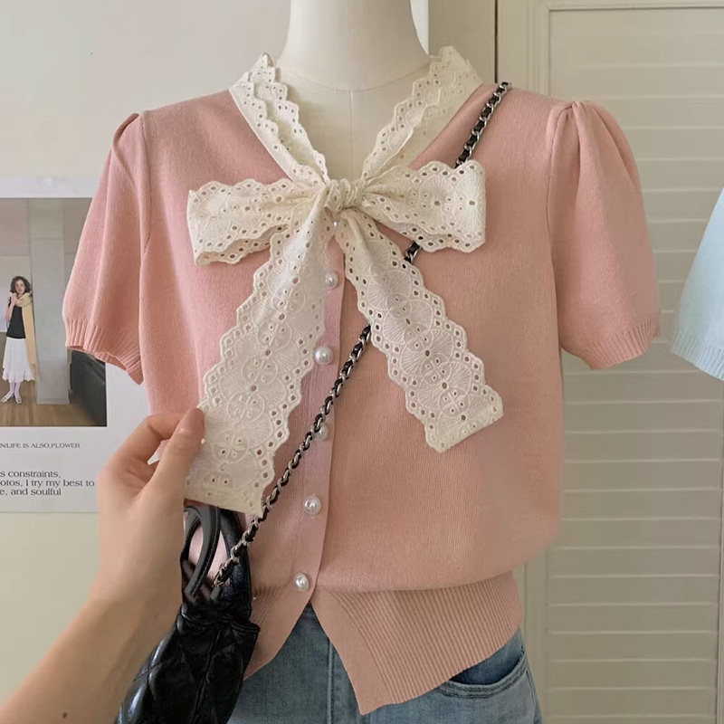 Cardigan à manches courtes pour femmes, pull d'été, mode coréenne, hauts jaunes, vêtements Y2K, col en V, nœud tricoté, 2025