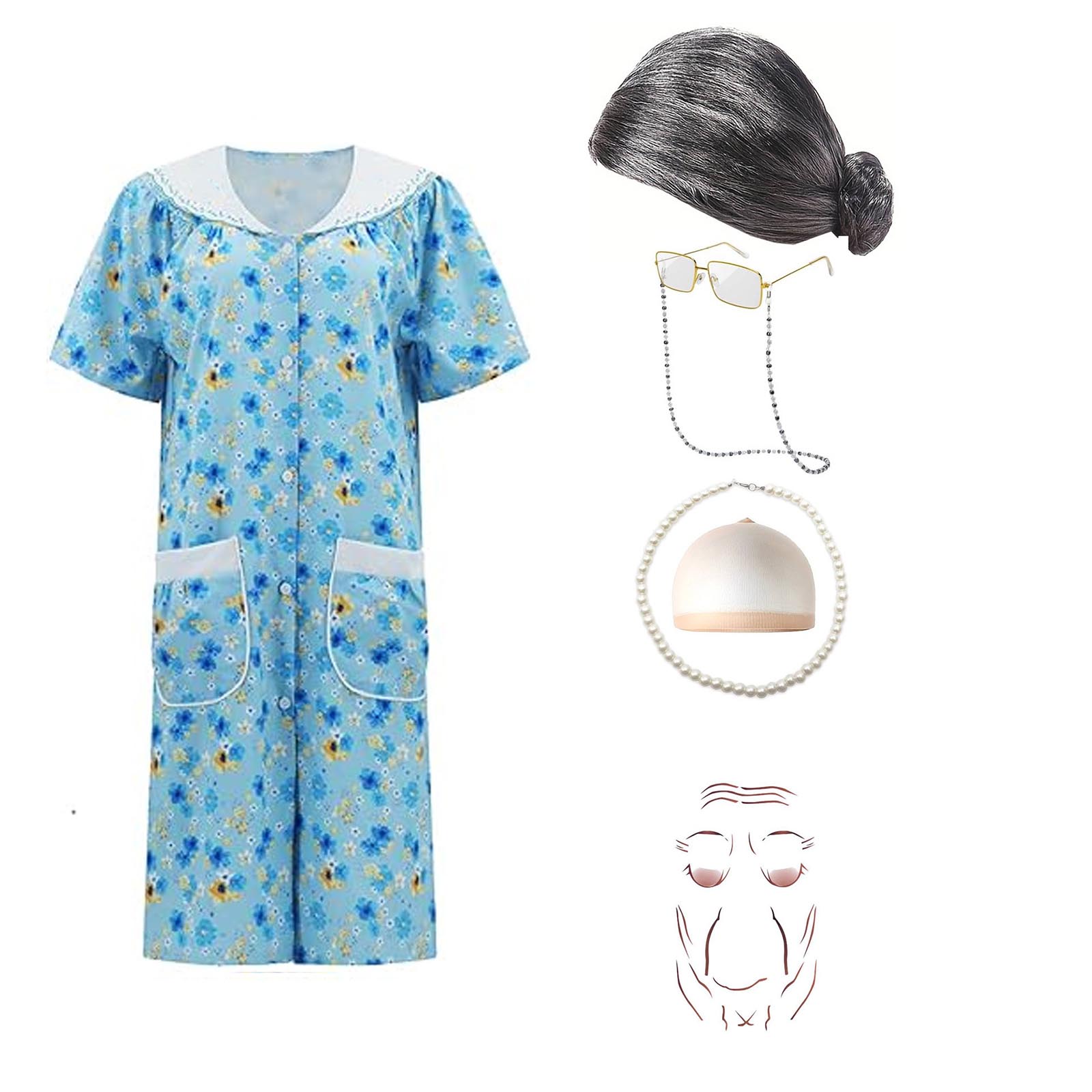 Costume de grand-mère pour la rentrée scolaire des femmes, tenue de spectacle pour Halloween, ensemble robe et chemise de nuit pour femme âgée