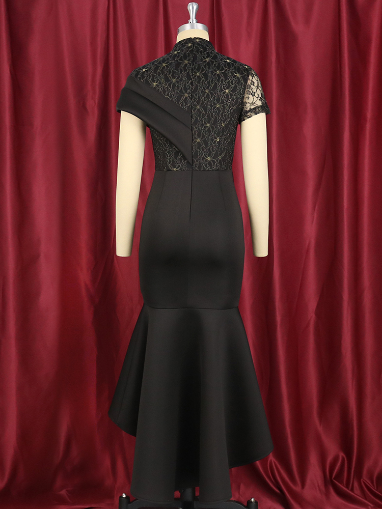 Robe de soirée élégante à col haut pour femme, vêtements sexy, couture en dentelle, queue de poisson, coupe couvertes, noir, grande taille, célébrité, maxi