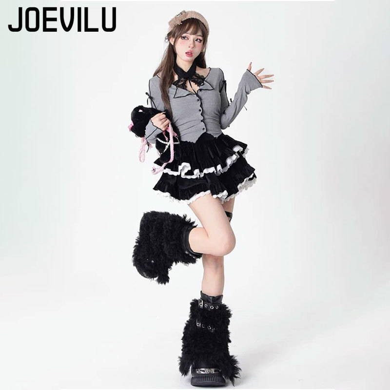 Gothic Skirt Set Bow Tie Tied Top Ballet Style Skirt 2 Piece Sets Lace Corduroy Mini Cake Layered Skirt Women Outfits Y2k Suit