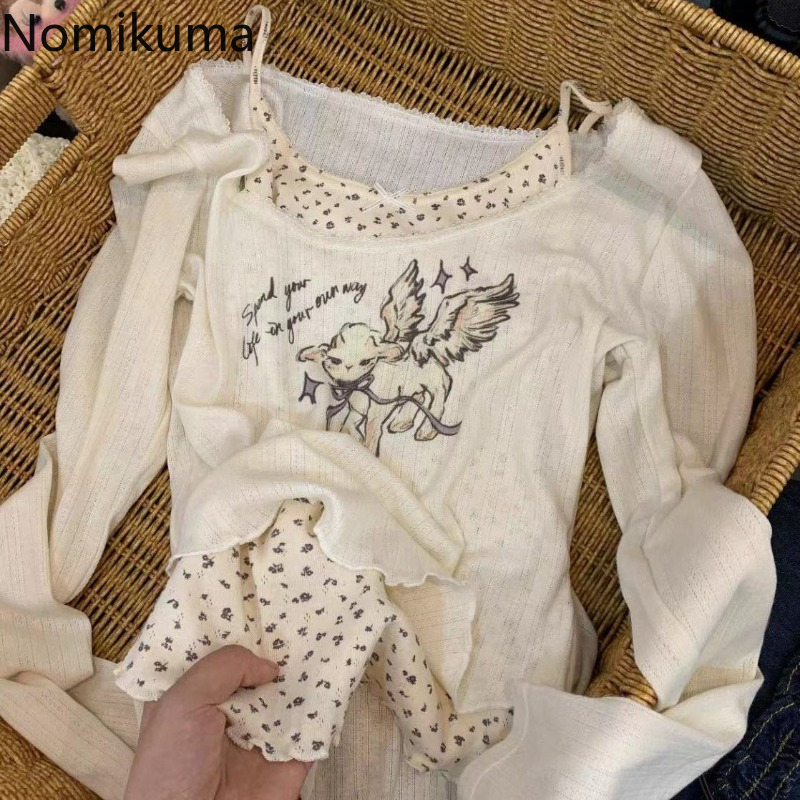 Femmes vêtements coréen t-shirts faux deux tuniques t-shirts dentelle impression mode t-shirts culture hauts décontracté doux Camisetas Ropa Mujer 2025