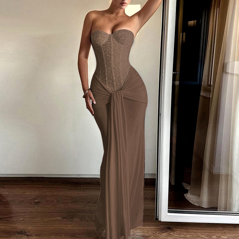 Robe de soirée avec jupe longue pour femmes, nouveau Style, taille cintrée, amincissante, Sexy, cravate à ruban, col licou, robe élégante pour femmes