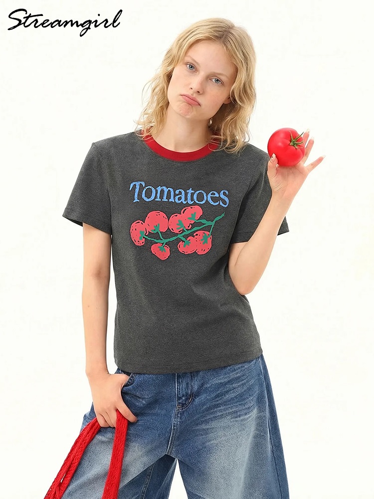 T-shirts d'été pour femmes, imprimés graphiques, coupe ajustée, motif tomates, hauts à manches courtes, color block, col rond, pour femmes
